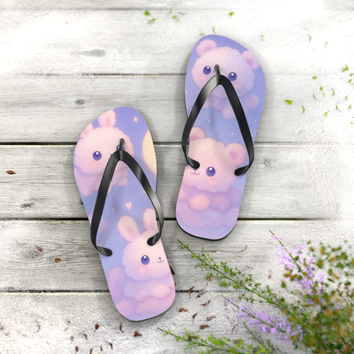 Cotton Candy Moon Critters designer logo flip flops