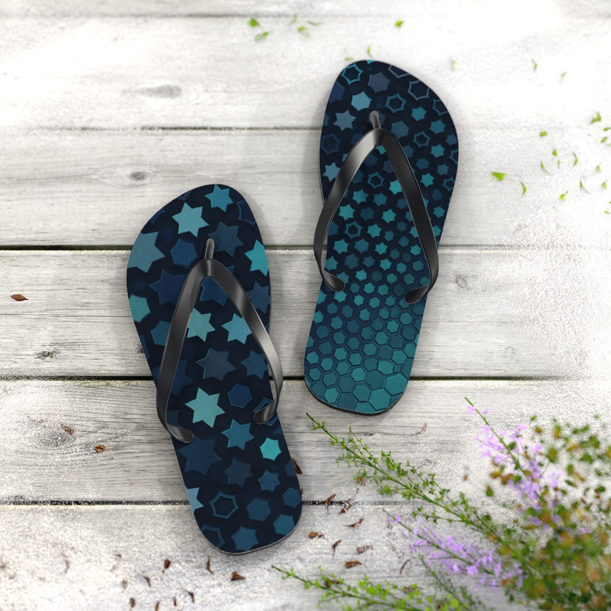 Stellar Tessellation Cascade trendy printed flip flops