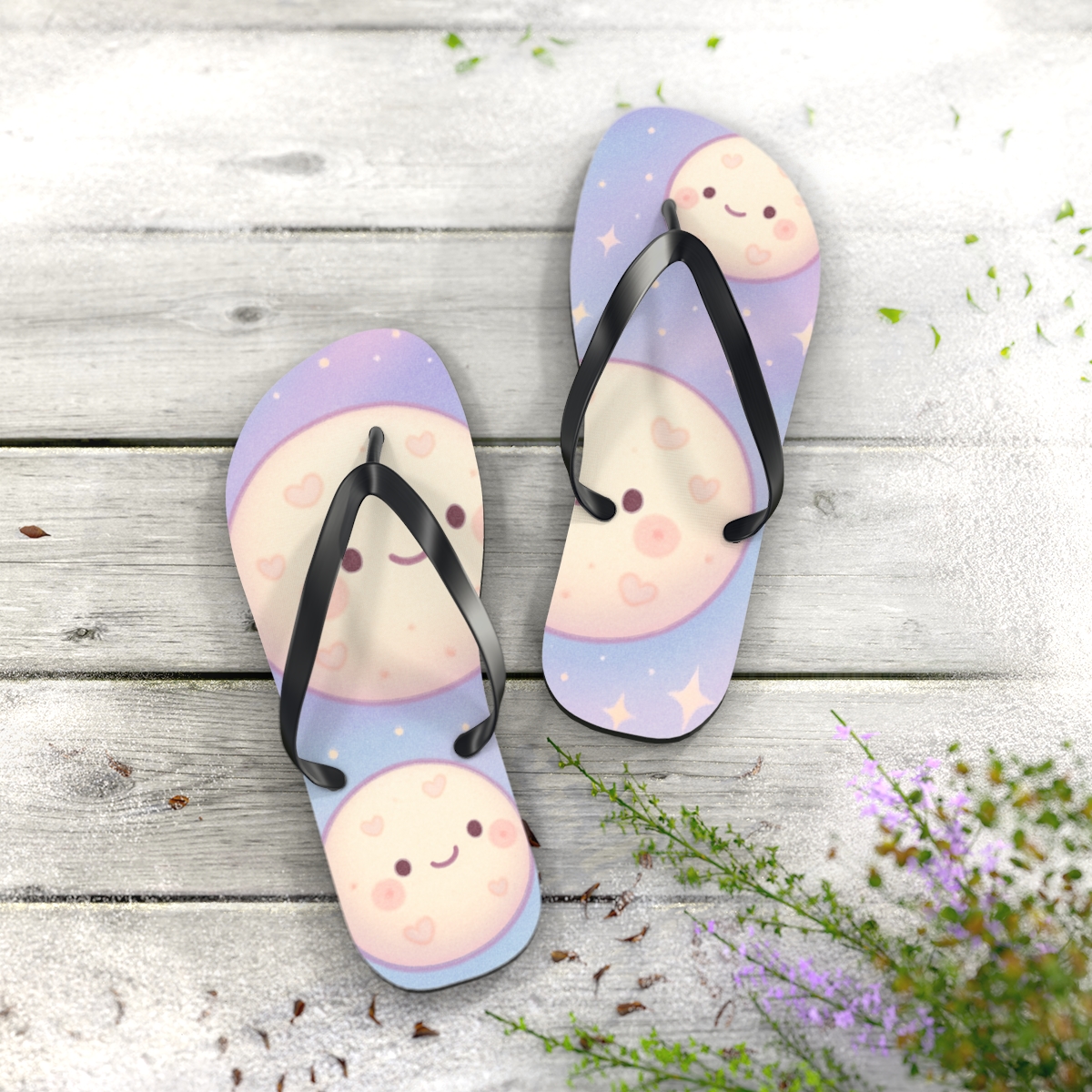 Cosmic Marshmallow Moonlets unique graphic flip flops