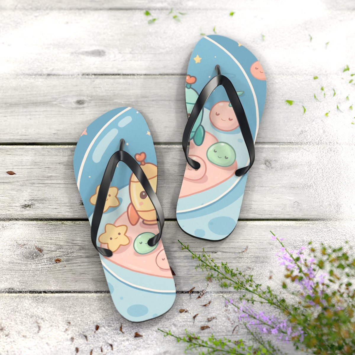 Tiny Rocket Lunchbox Friends personalized beach flip flops