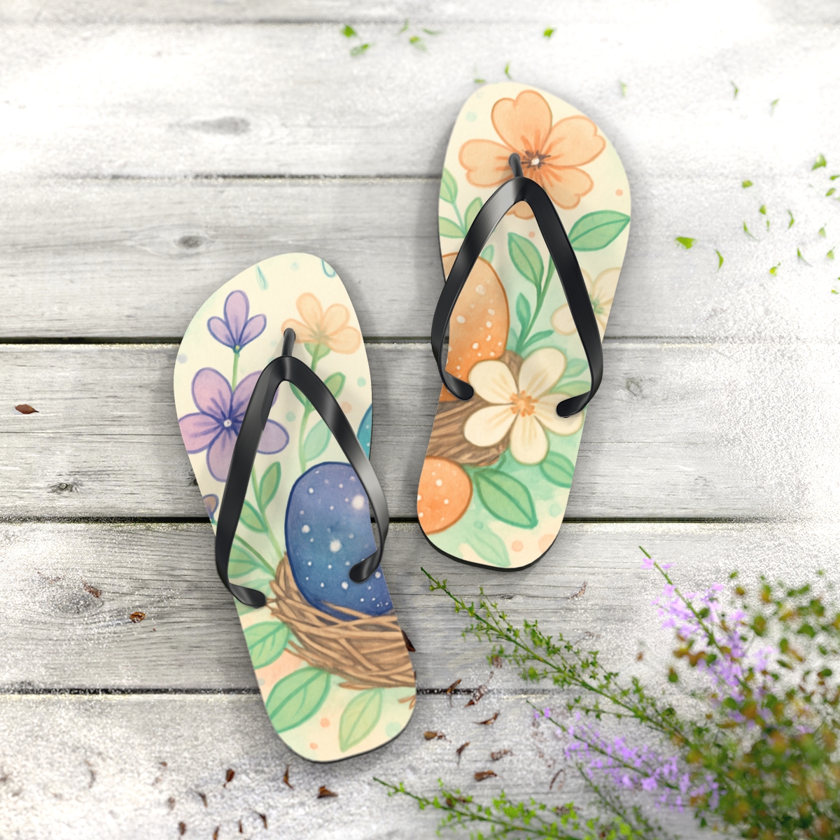 Spring Eggshell Nebula Bloom designer logo flip flops