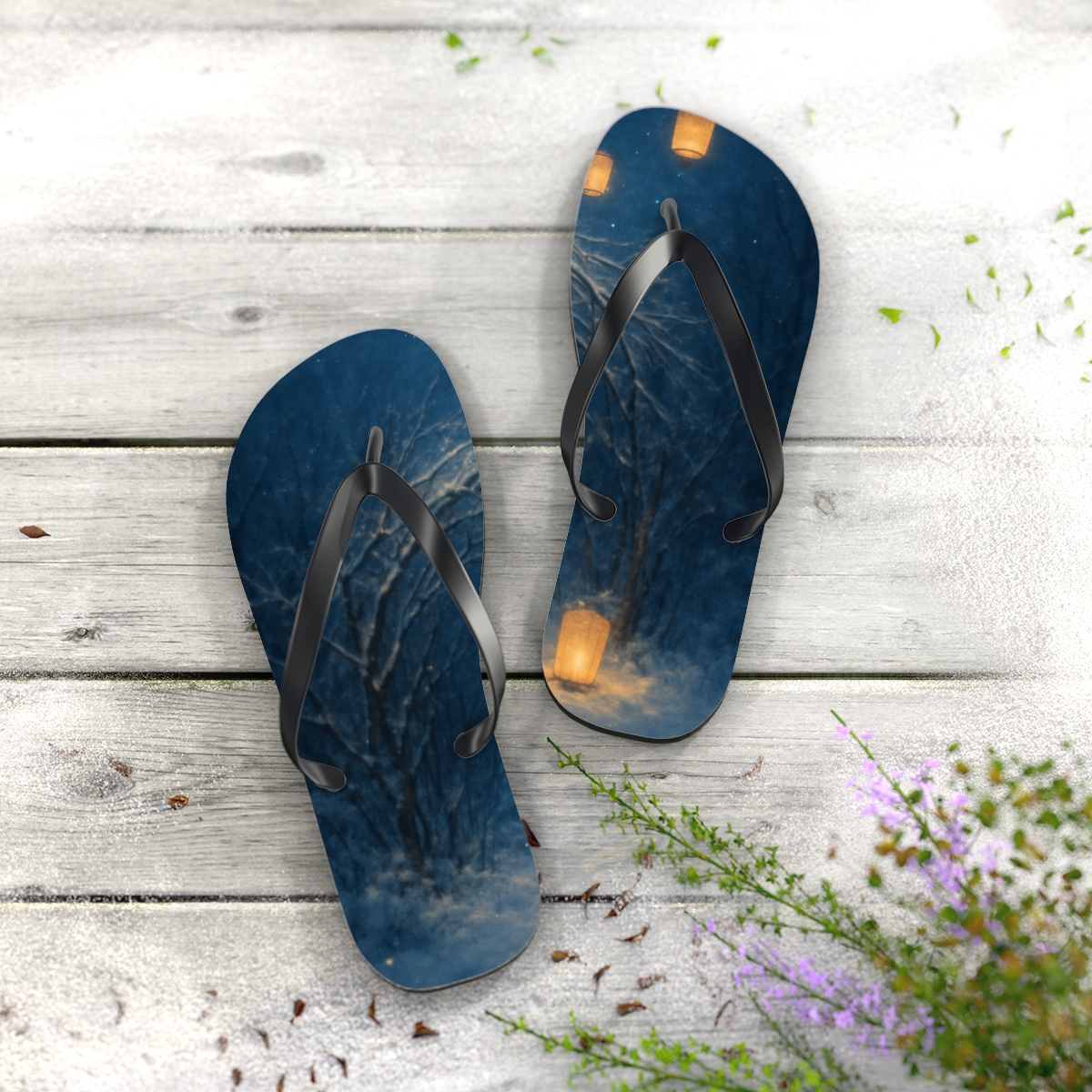 Midwinter Lantern Frost Waltz unique graphic flip flops