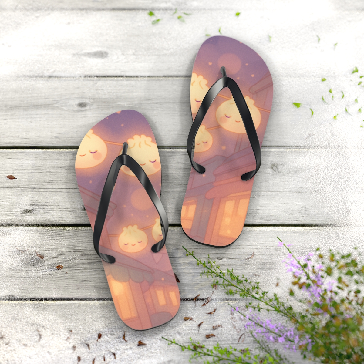 Sleepy Dumpling Lantern Parade personalized beach flip flops