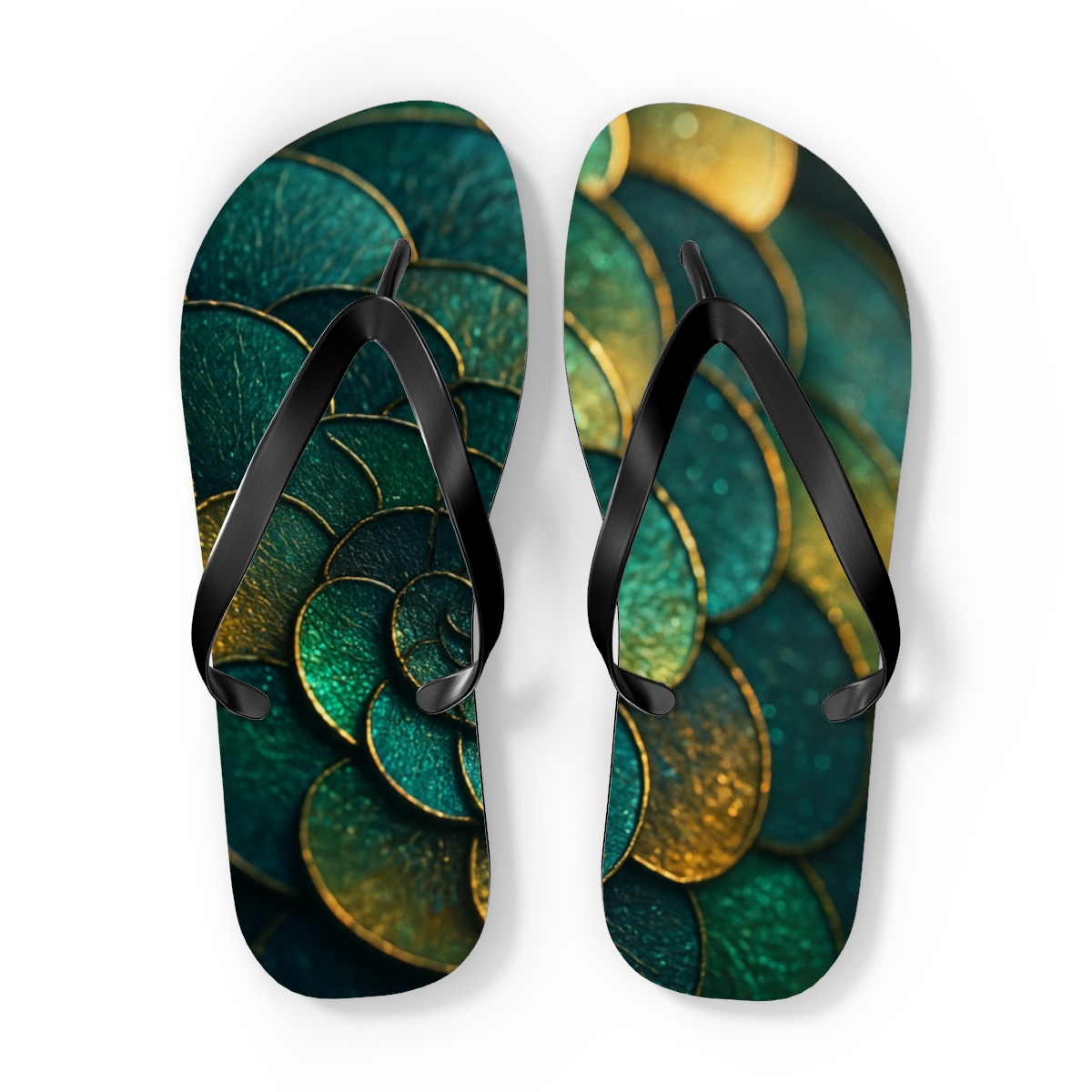 Iridescent Beetle Mosaic designer logo flip flops