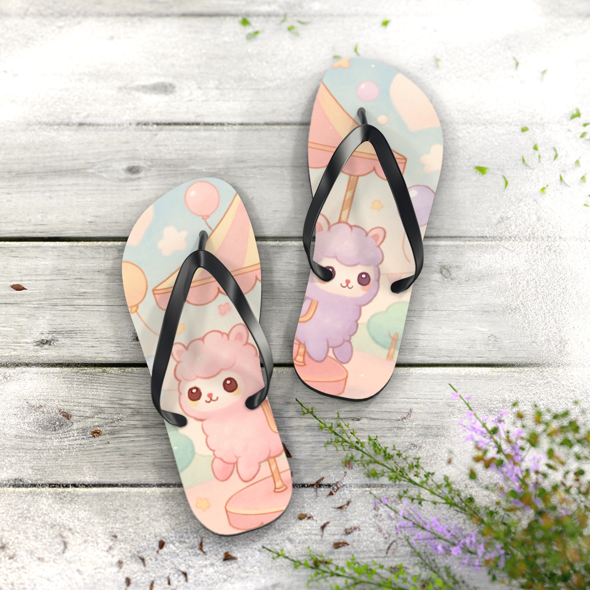 Cotton Candy Alpaca Carousel designer logo flip flops