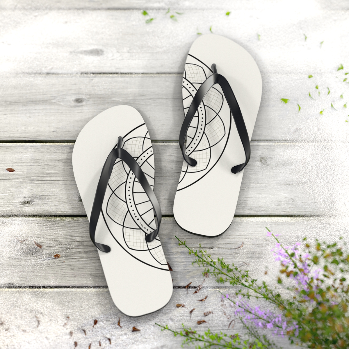Monochrome Orbital Lattice Mandala personalized beach flip flops