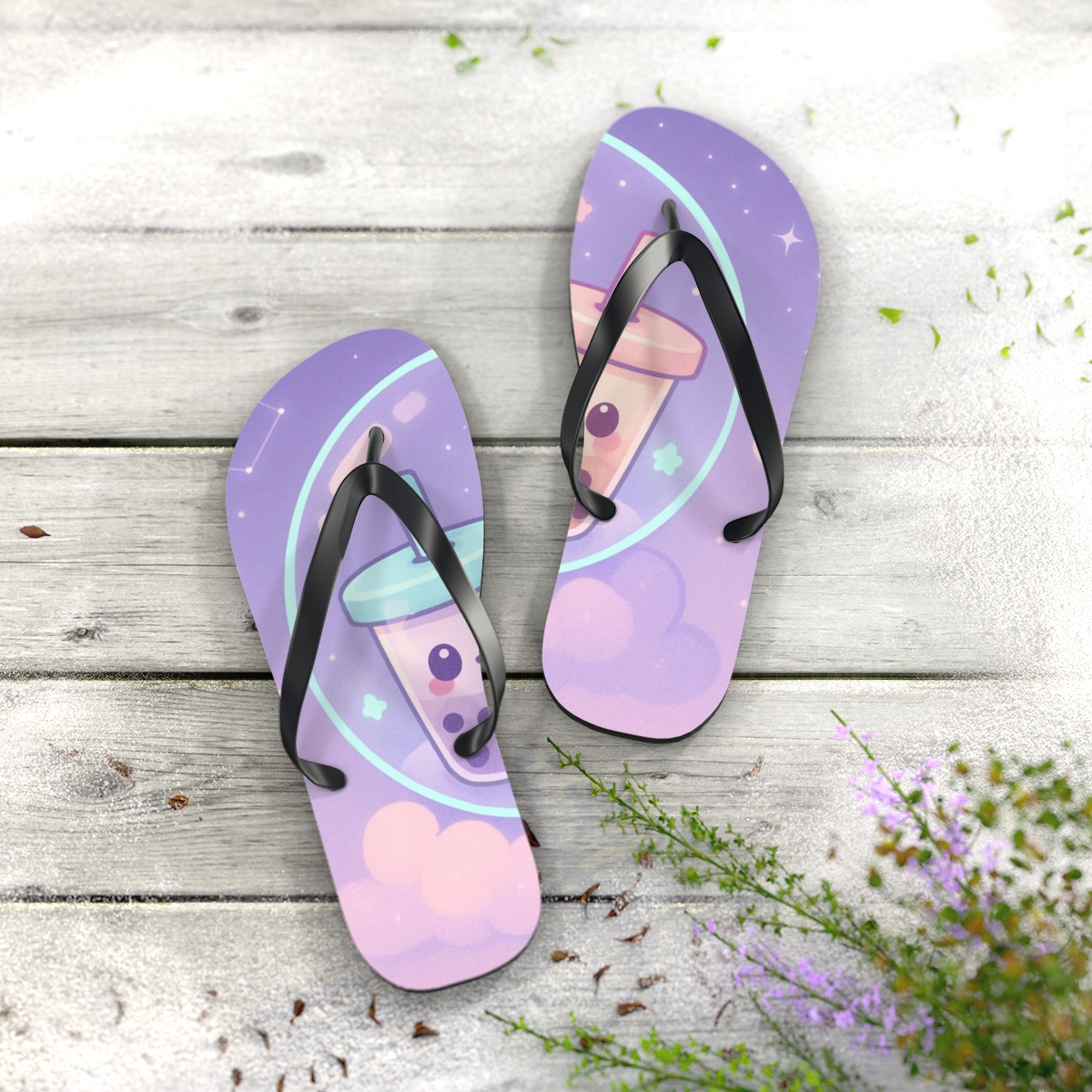 Nebula Bubble Tea Buddies trendy printed flip flops