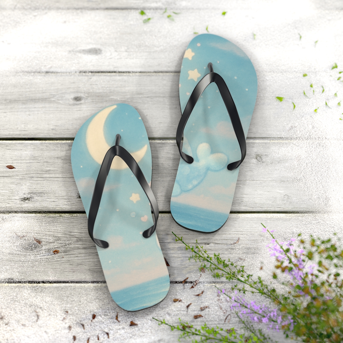 Moonlit Bubble Whale Dream colorful rubber flip flops
