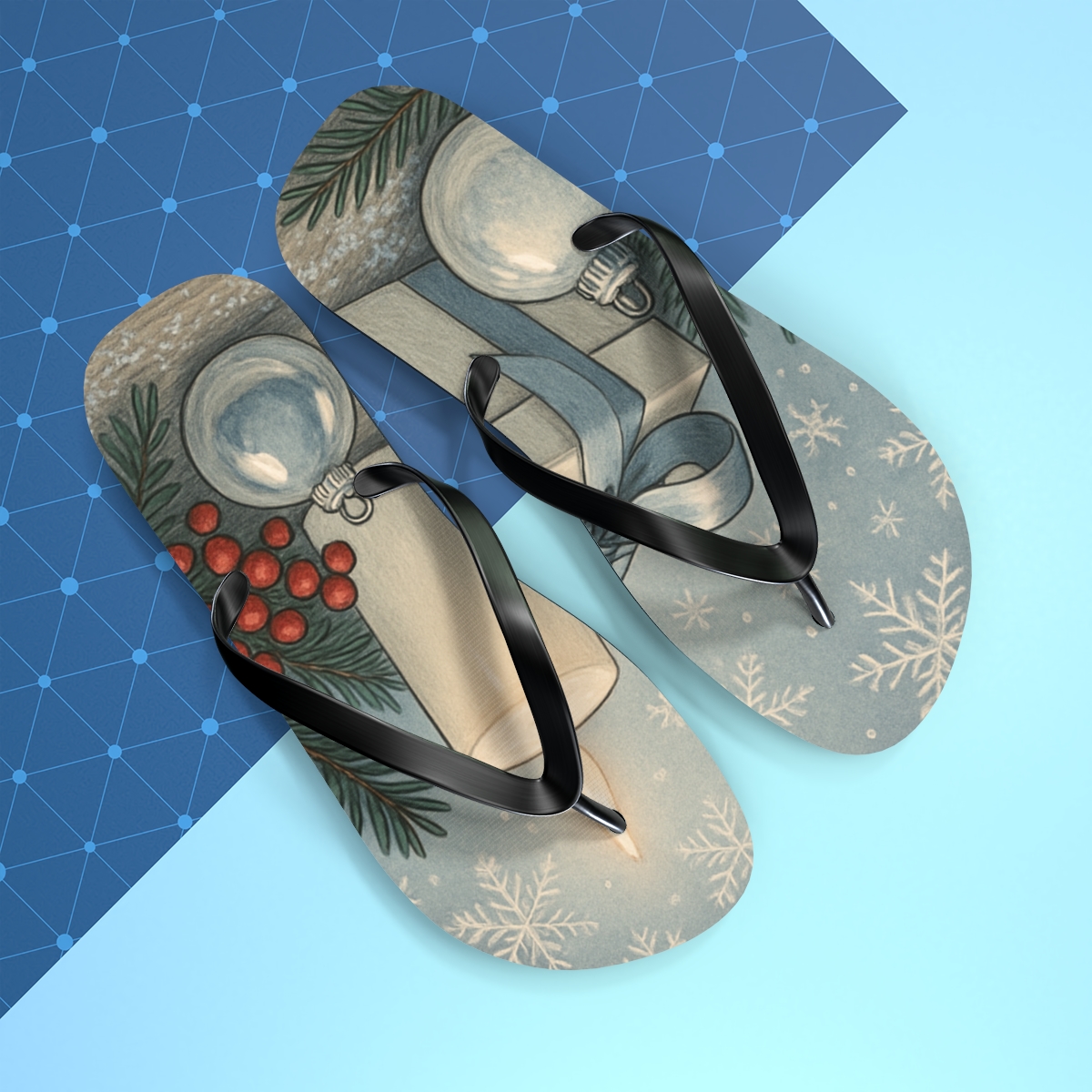 Winter Solstice Frost And Ribbon Wrap designer logo flip flops
