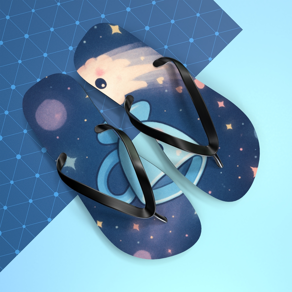 Starry Teacup Comet Friends unique graphic flip flops