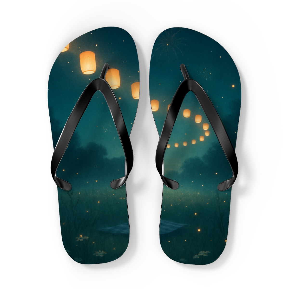 Midsummer Firefly Lantern Drift designer logo flip flops