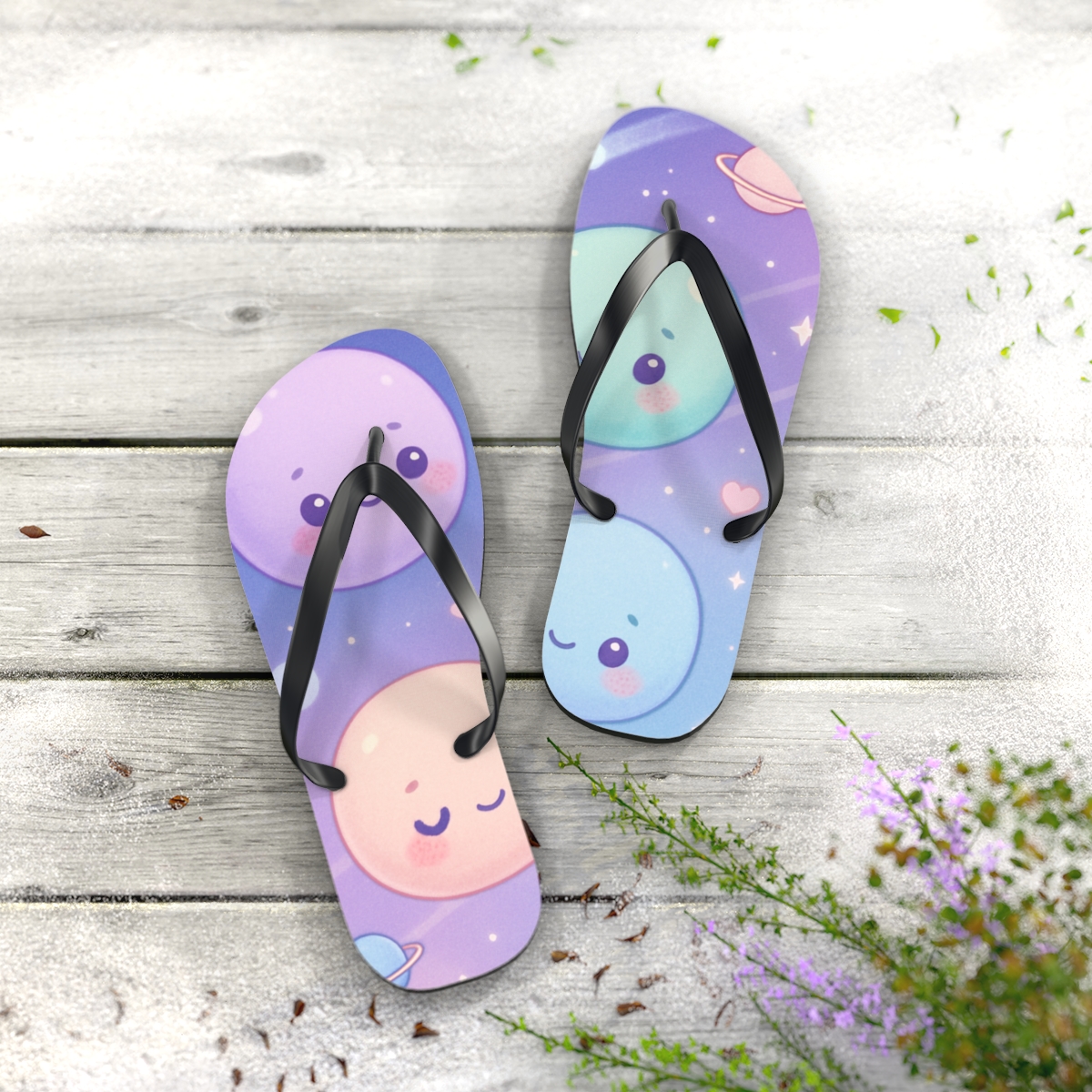 Cosmic Mochi Planet Pals colorful rubber flip flops