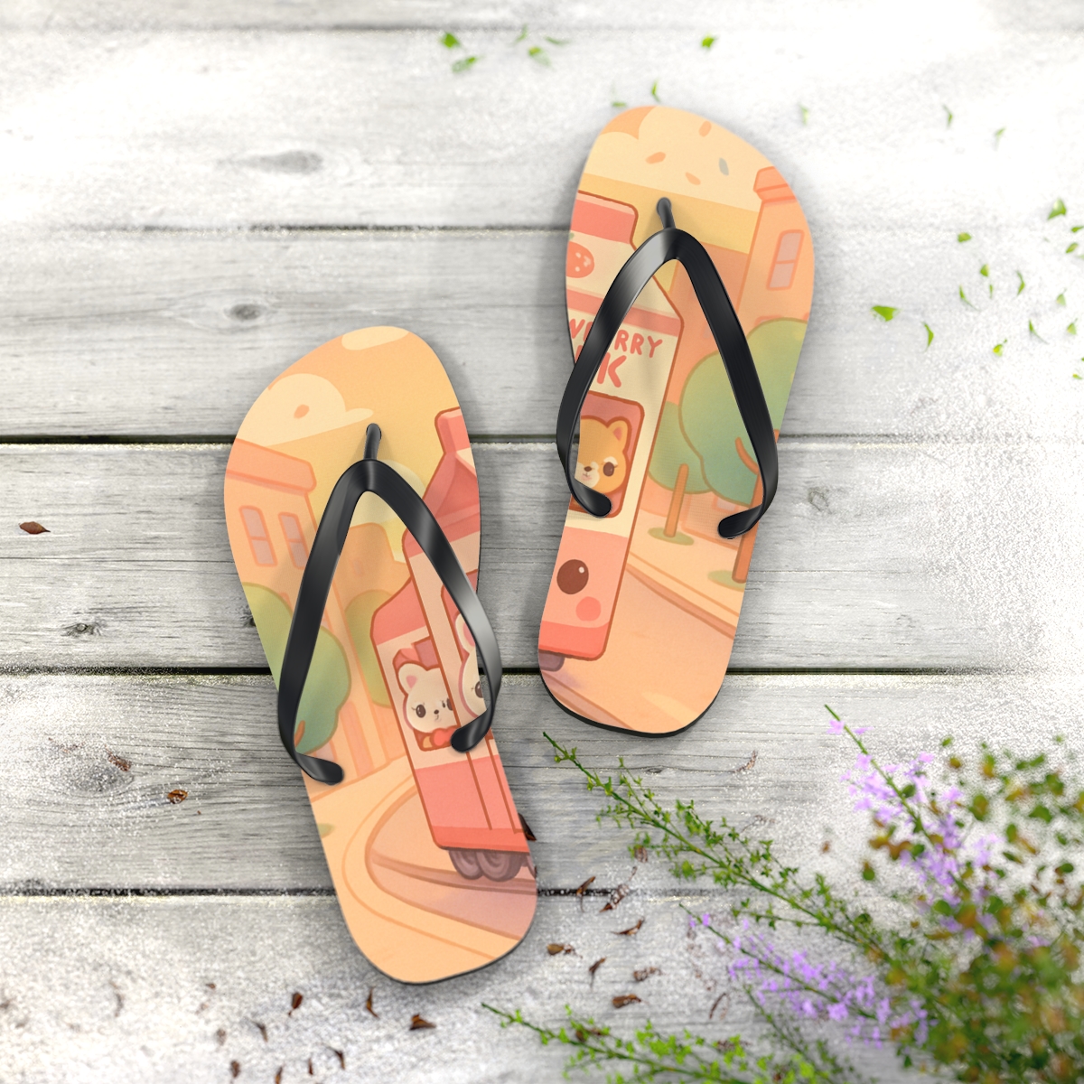 Strawberry Milk Train Parade custom flip flops