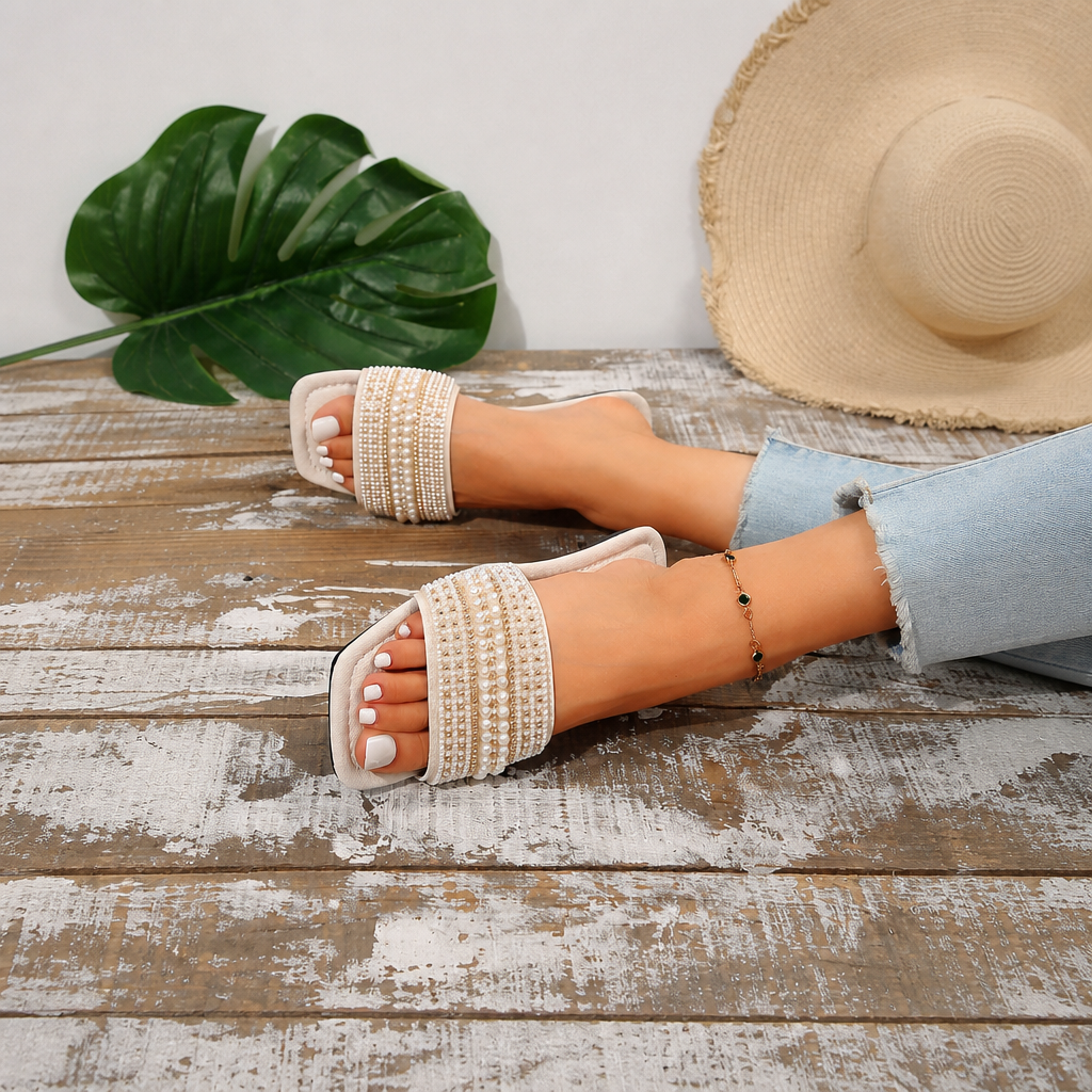 Pearl And Rhinestone Embellished Square Toe Slide Sandals for Women
