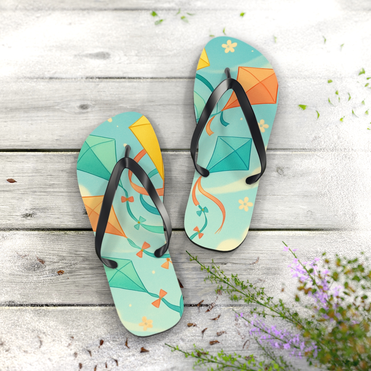 Spring Equinox Ribbon Kite Parade personalized beach flip flops