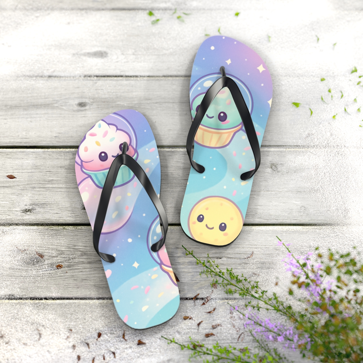 Cosmic Cupcake Comet Parade colorful rubber flip flops