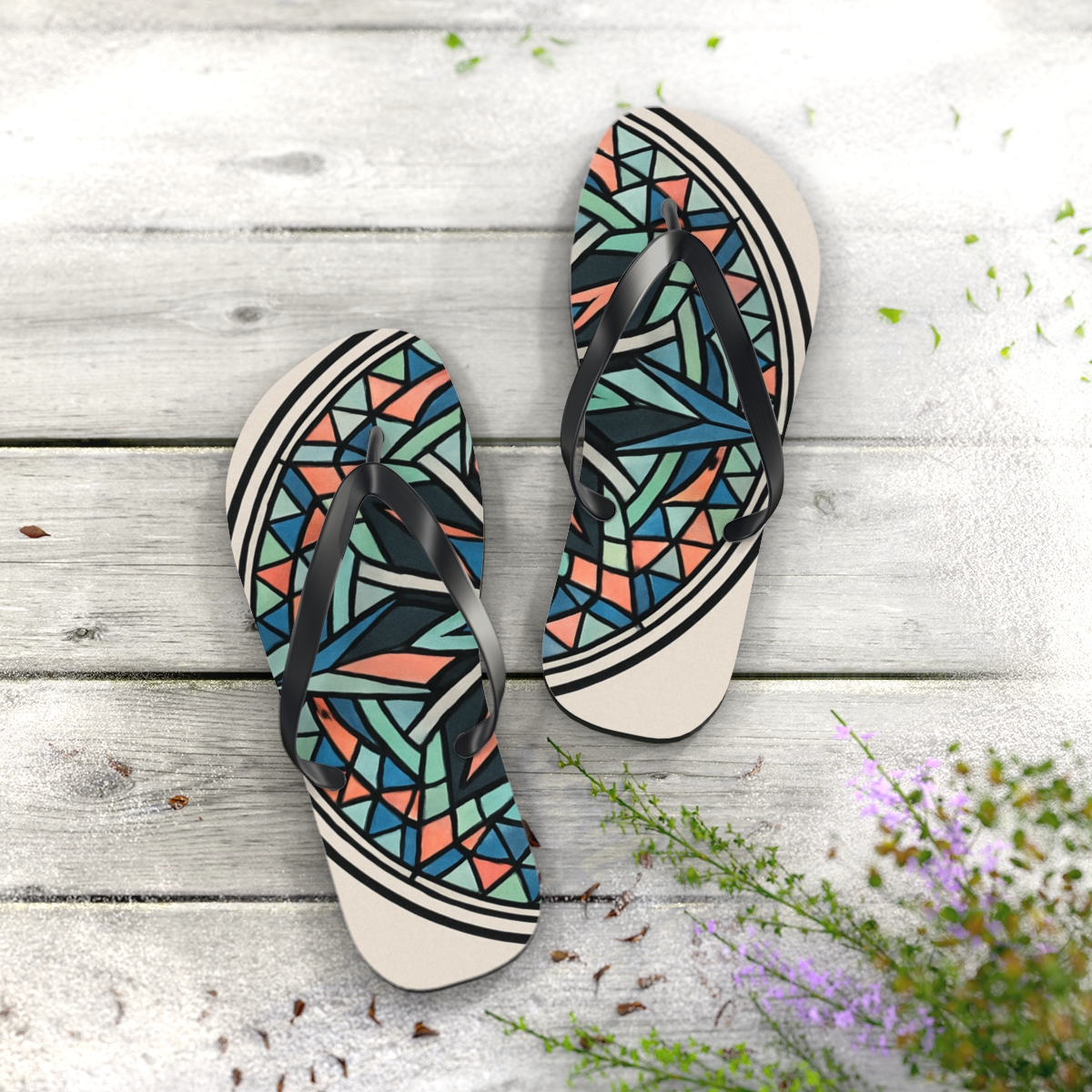 Prismatic Spoke Spiral Medallion designer logo flip flops