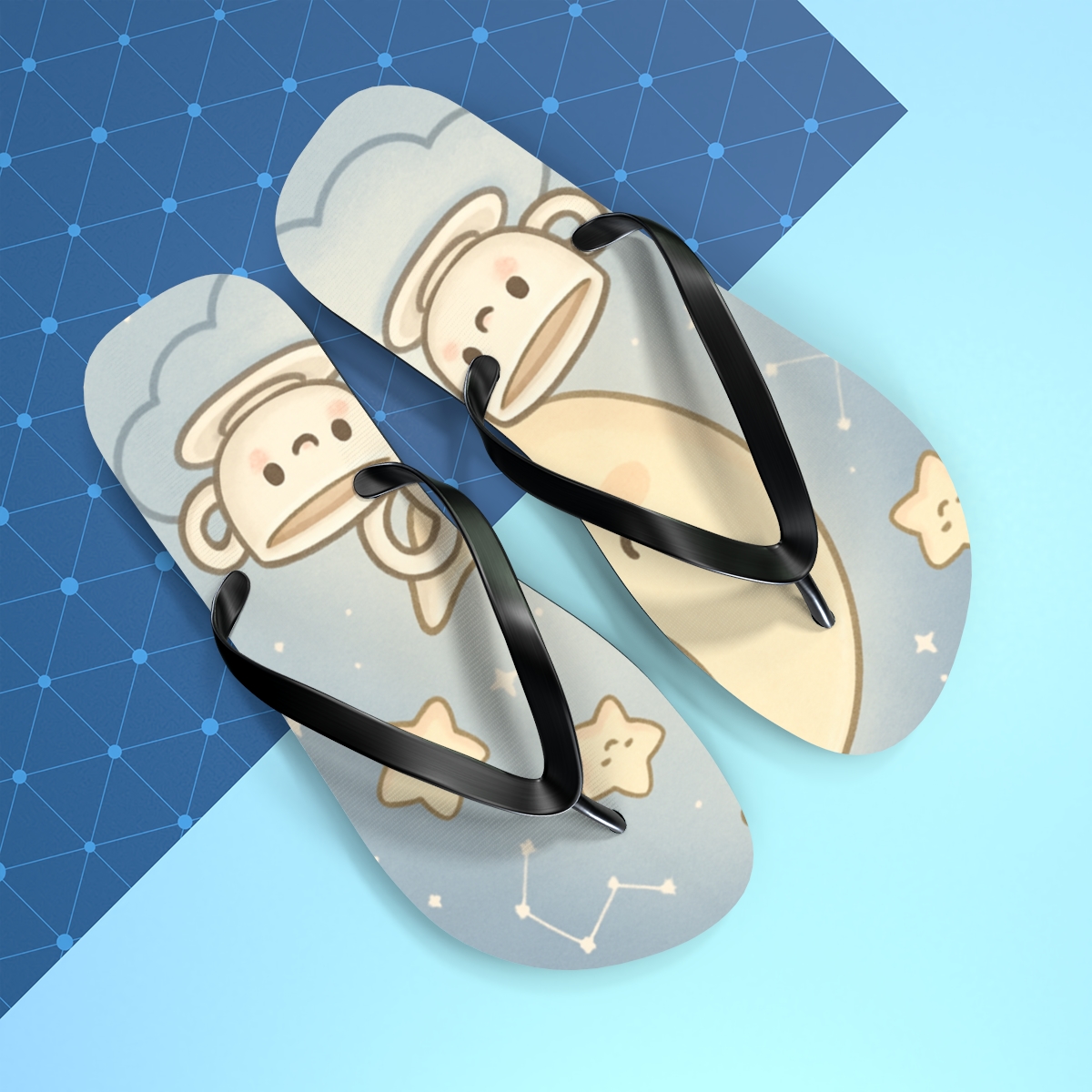 Sleepy Moon Tea Party Friends designer logo flip flops