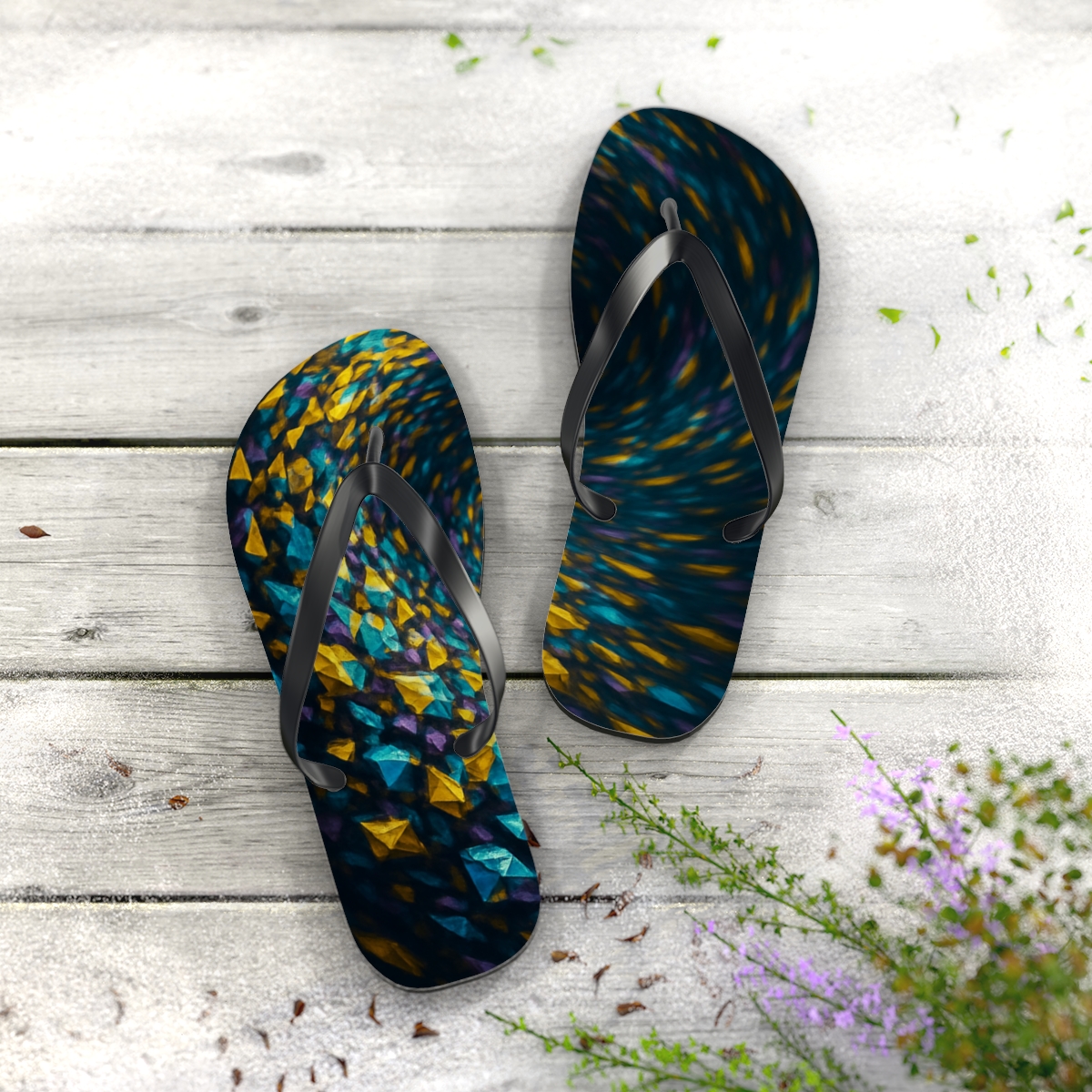 Prismatic Dance Of The Swarm personalized beach flip flops
