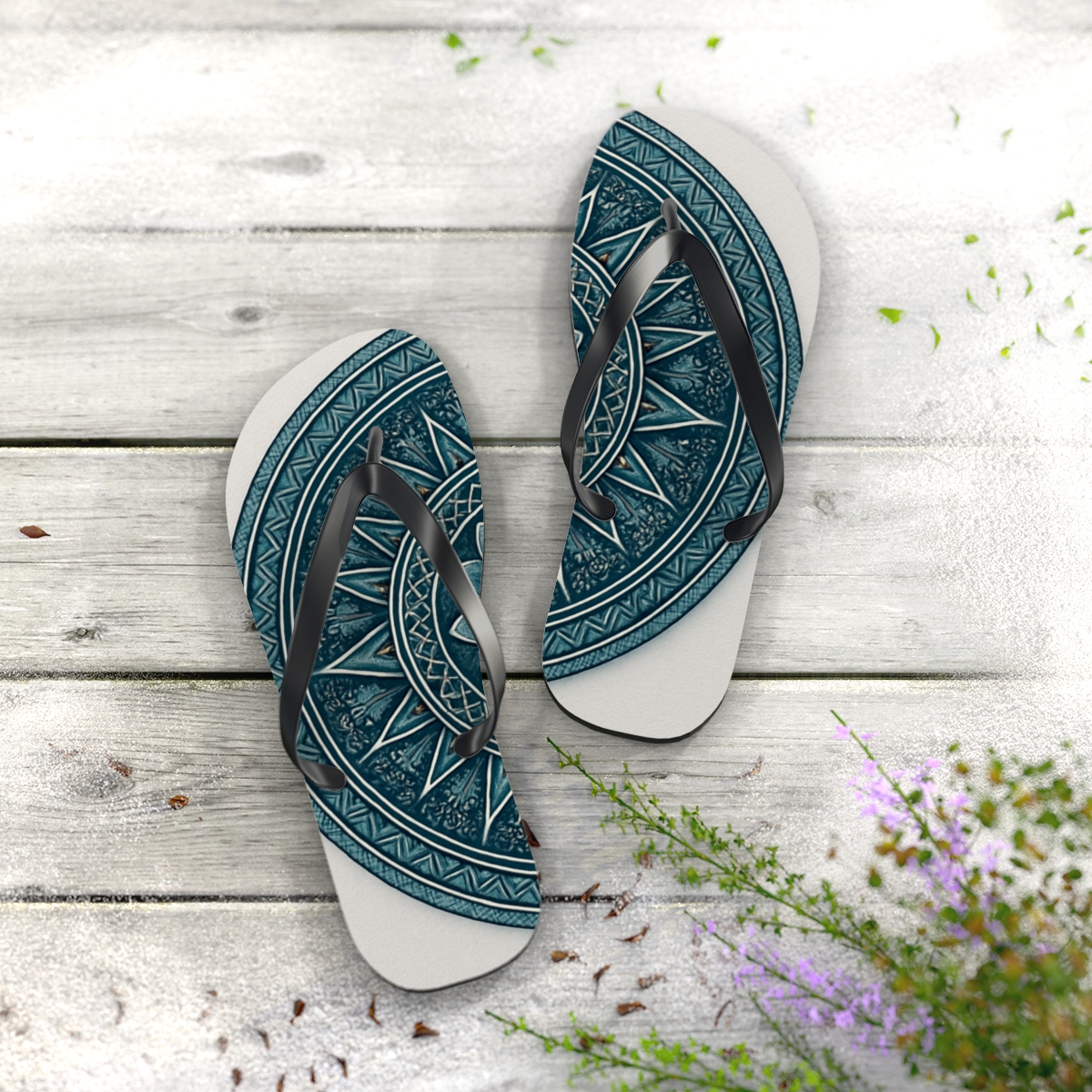 Lattice Bloom Compasswheel personalized beach flip flops