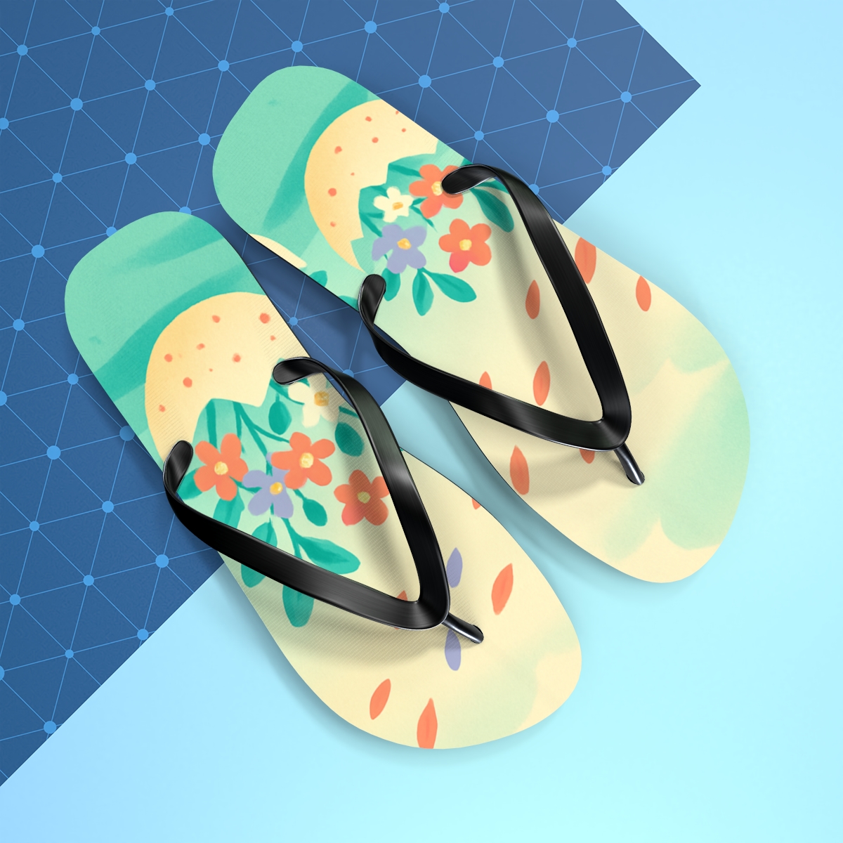 Spring Eggshell Blossom Parade designer logo flip flops