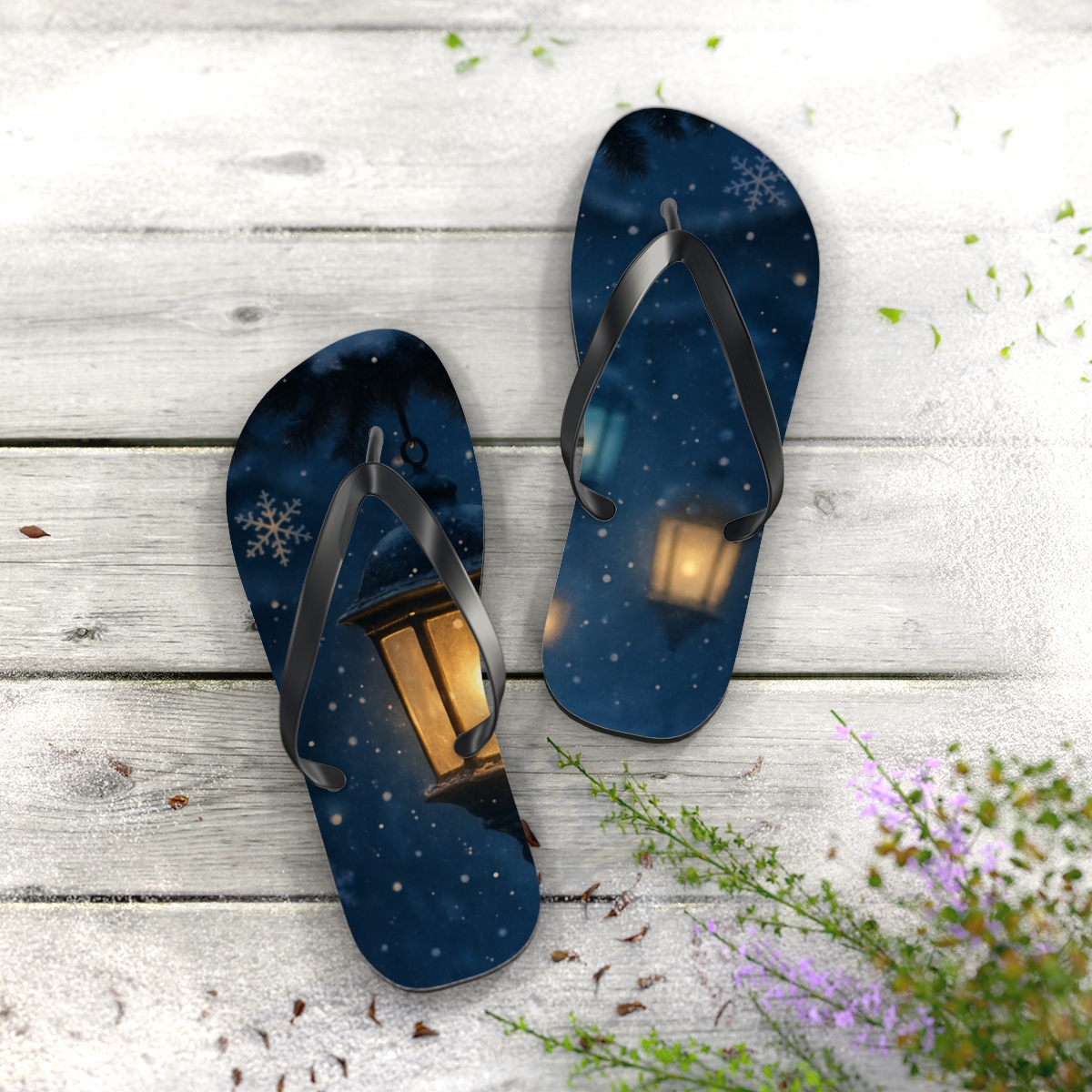 Winter Lantern Snowfall Dream colorful rubber flip flops