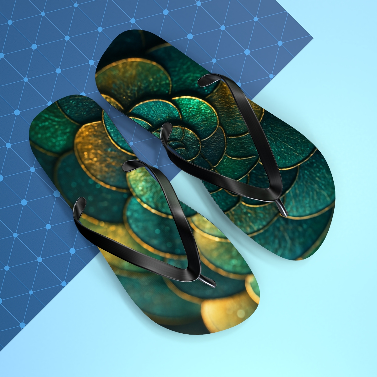 Iridescent Beetle Mosaic designer logo flip flops