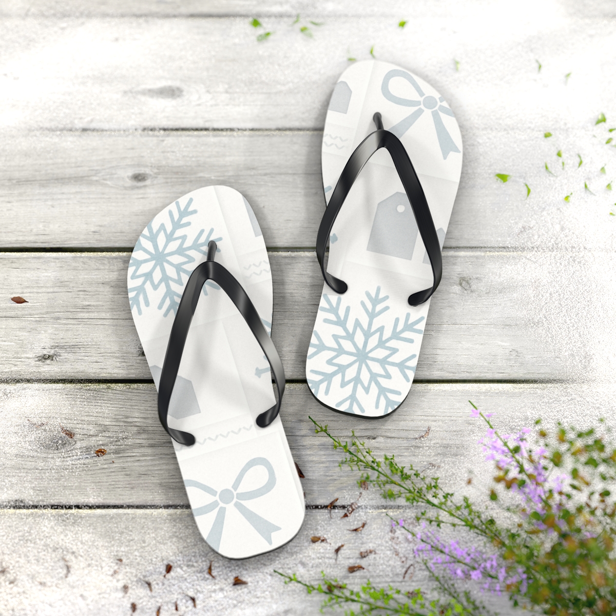 Winter Giftwrap Snowflake Blueprint personalized beach flip flops