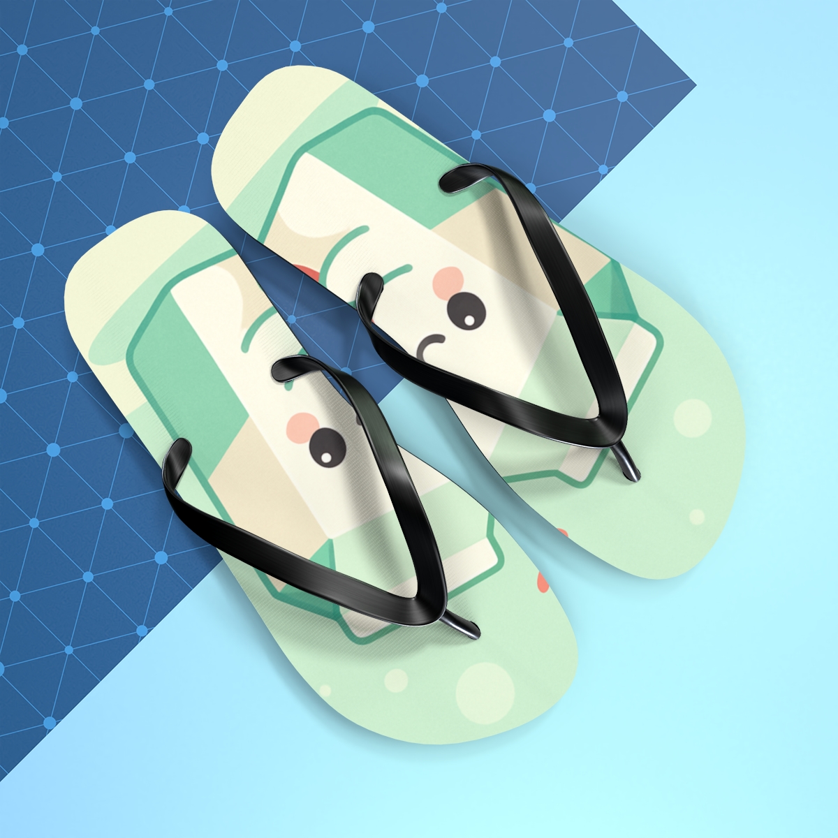 Mint Strawberry Milk Carton Buddies trendy printed flip flops