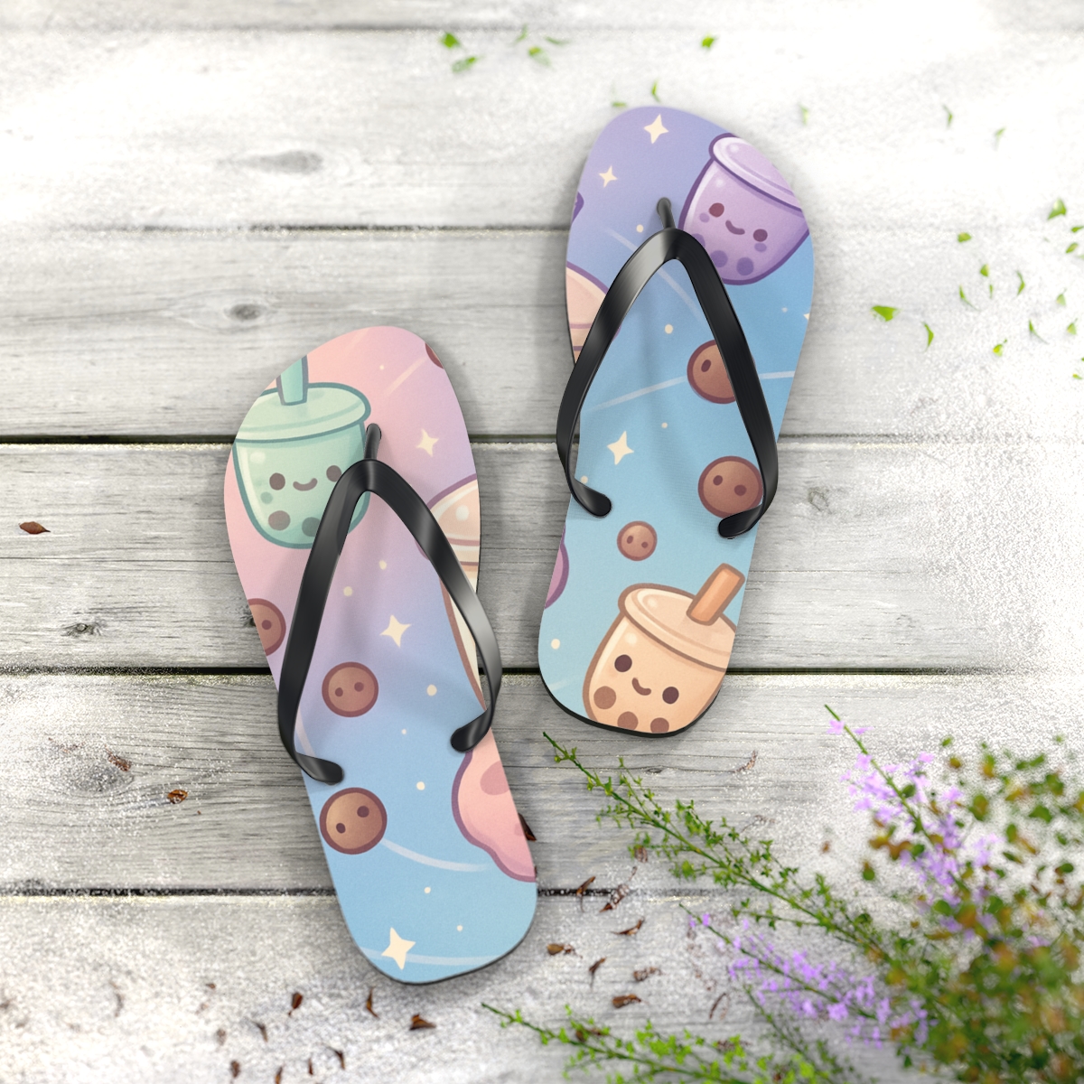 Bubble Tea Asteroid Garden designer logo flip flops