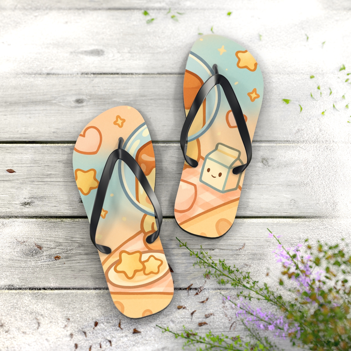 Cosmic Pudding Astronaut Picnic stylish summer flip flops