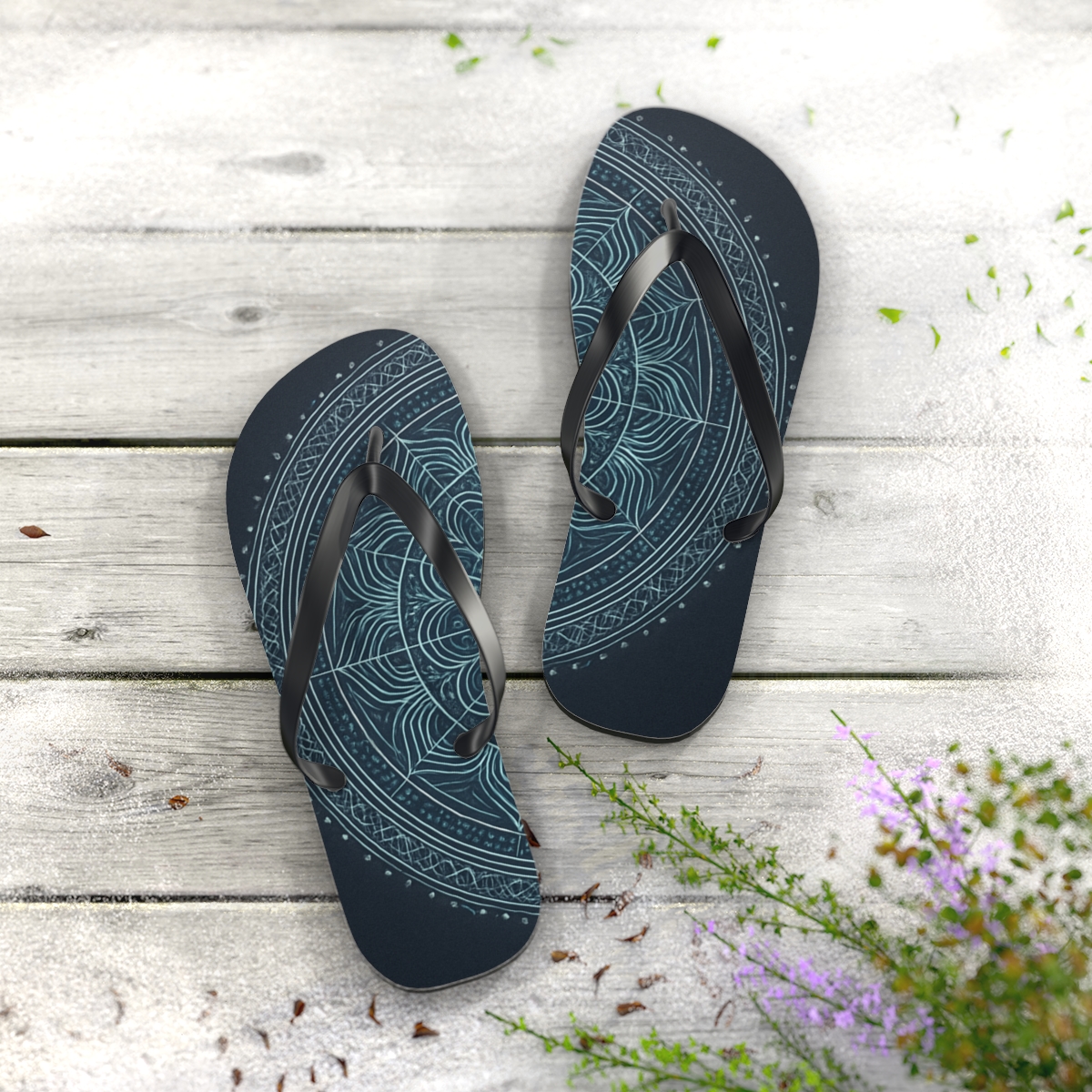 Opaline Circuit Mandala designer logo flip flops