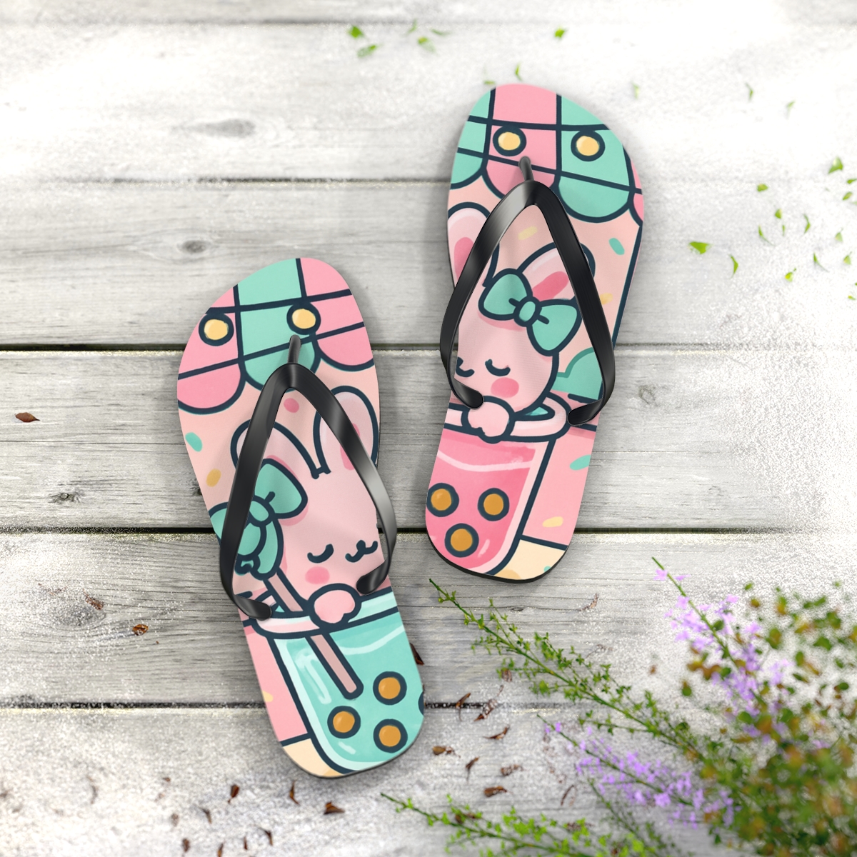 Bubble Tea Bunny Bash stylish summer flip flops