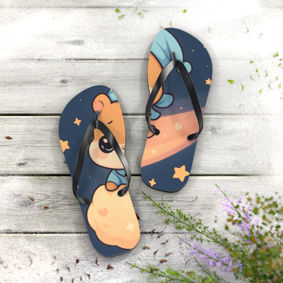 Comet Pajama Hamster designer logo flip flops