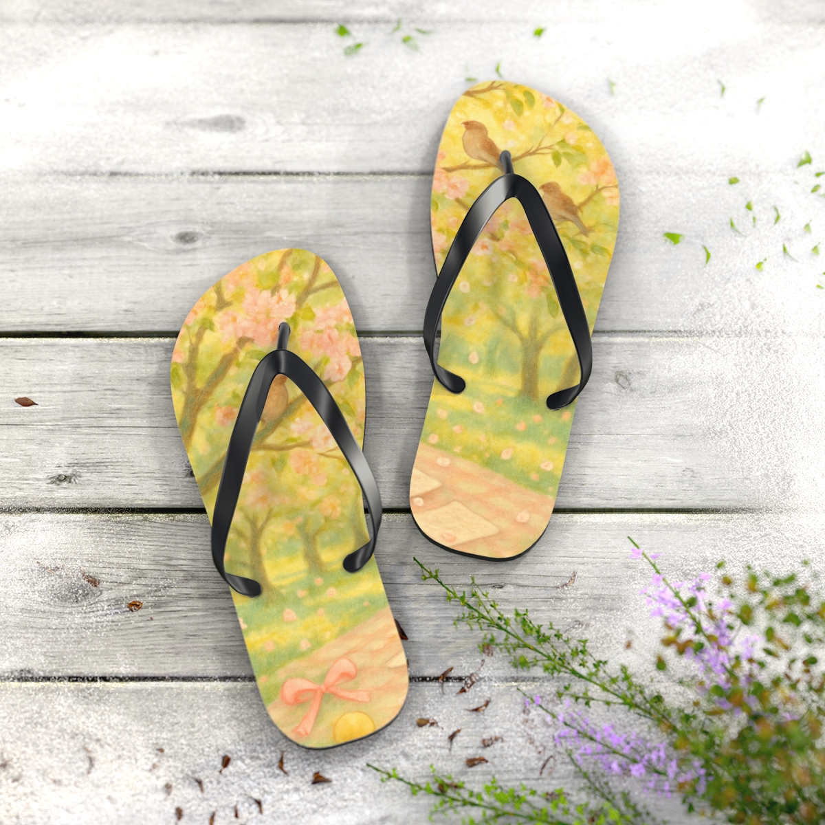 Spring Orchard Confetti personalized beach flip flops