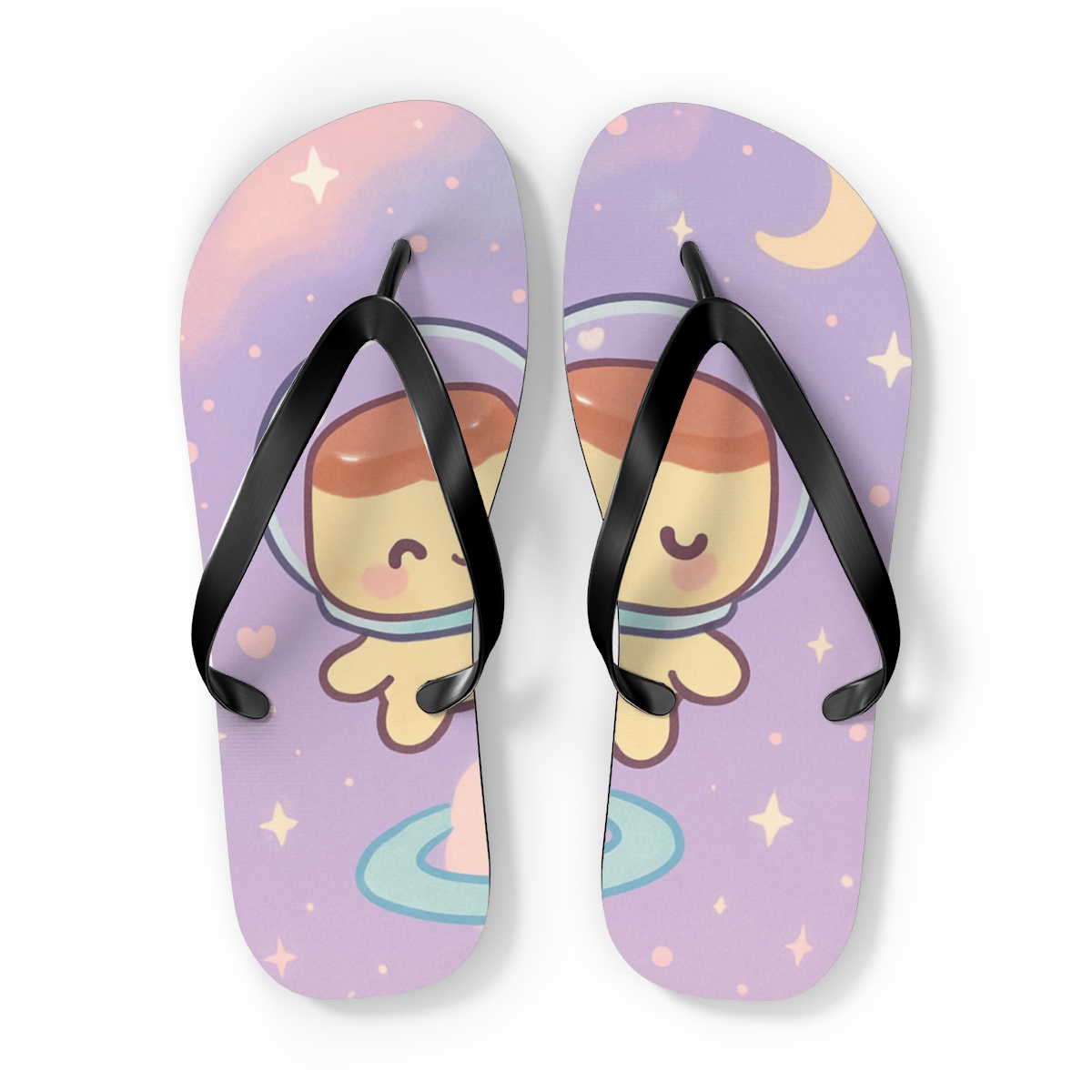Cosmic Pudding Astronauts designer logo flip flops