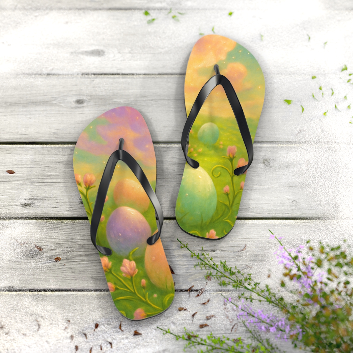 Spring Equinox Egg Nebula Garden colorful rubber flip flops