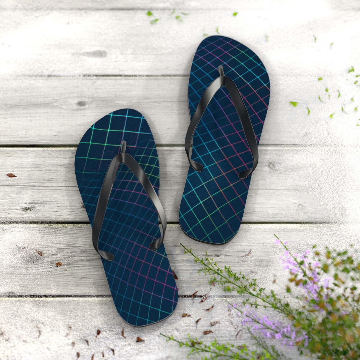 Prismatic Moire Lattice Sweep colorful rubber flip flops