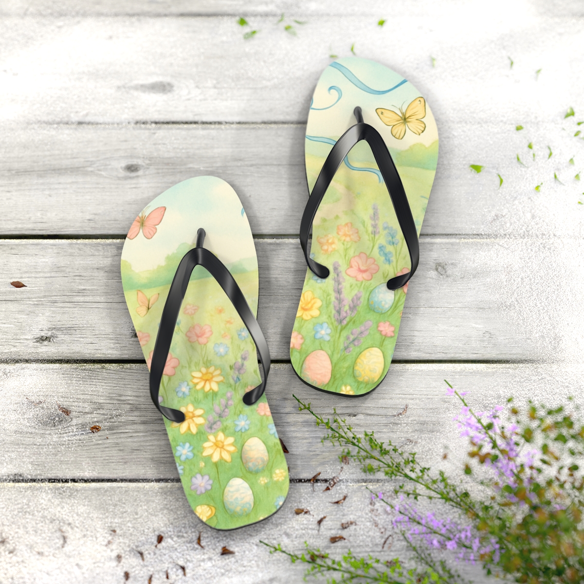 Spring Egg Hunt Meadow Whimsy soft sole flip flops