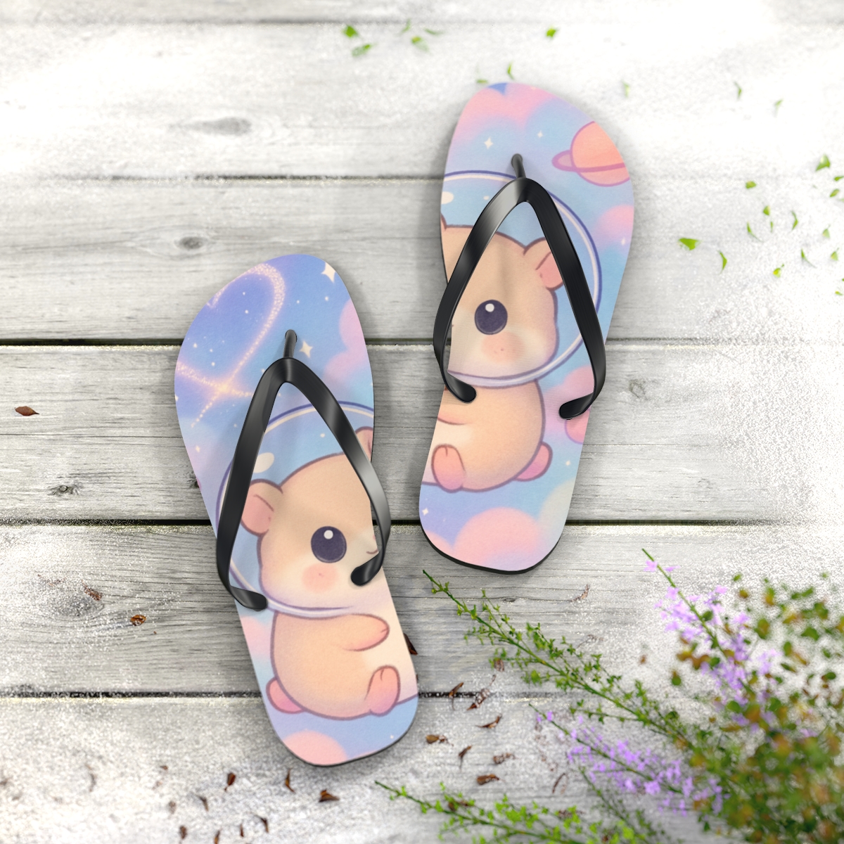 Cotton Candy Comet Hamsters personalized beach flip flops
