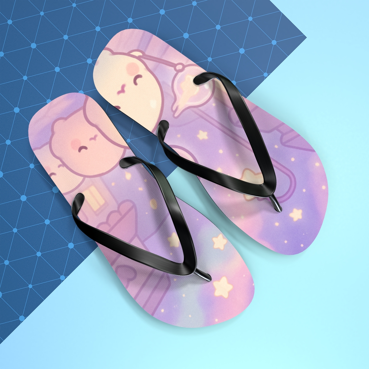 Pastel Comet Mochi Parade designer logo flip flops