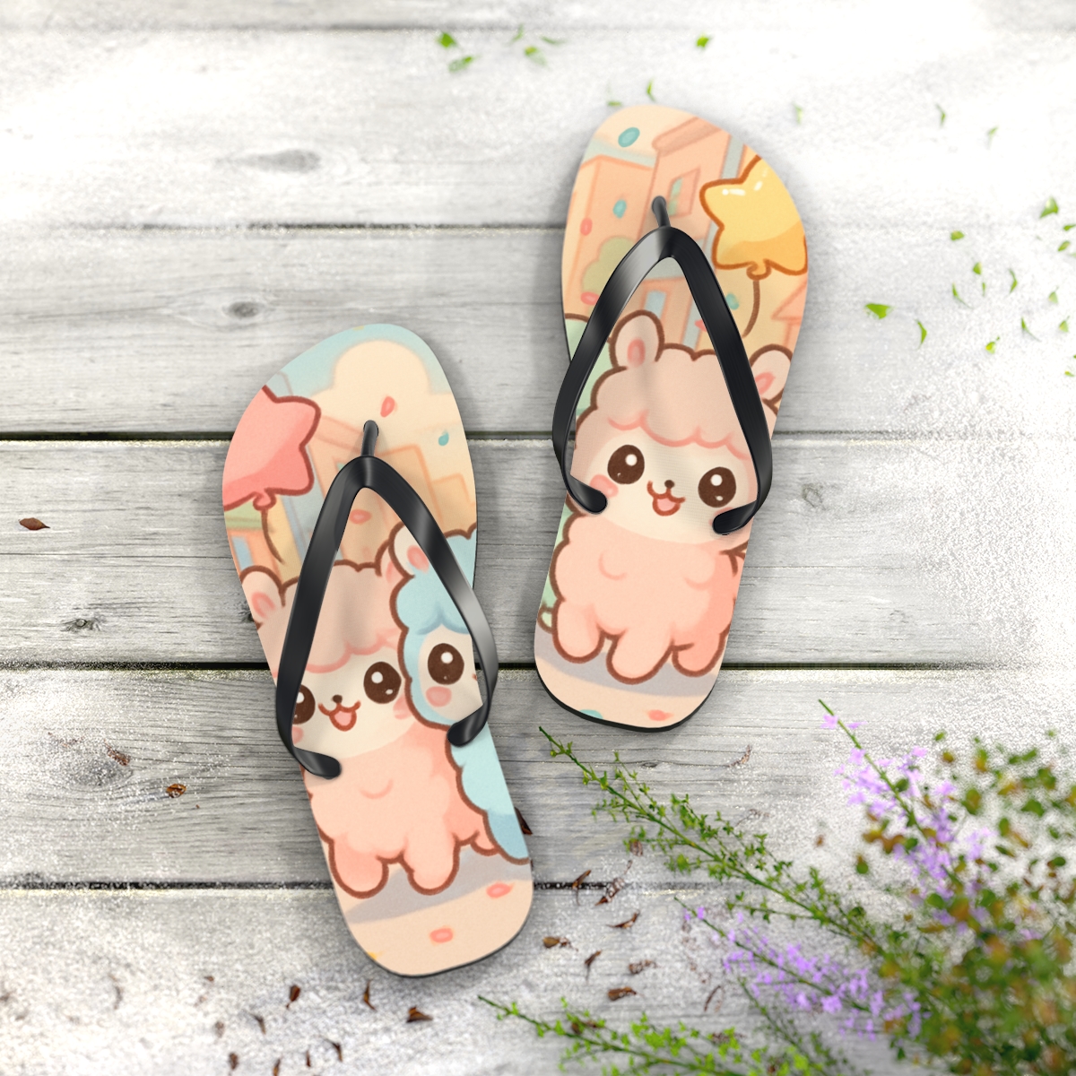 Cotton Candy Alpaca Parade custom flip flops