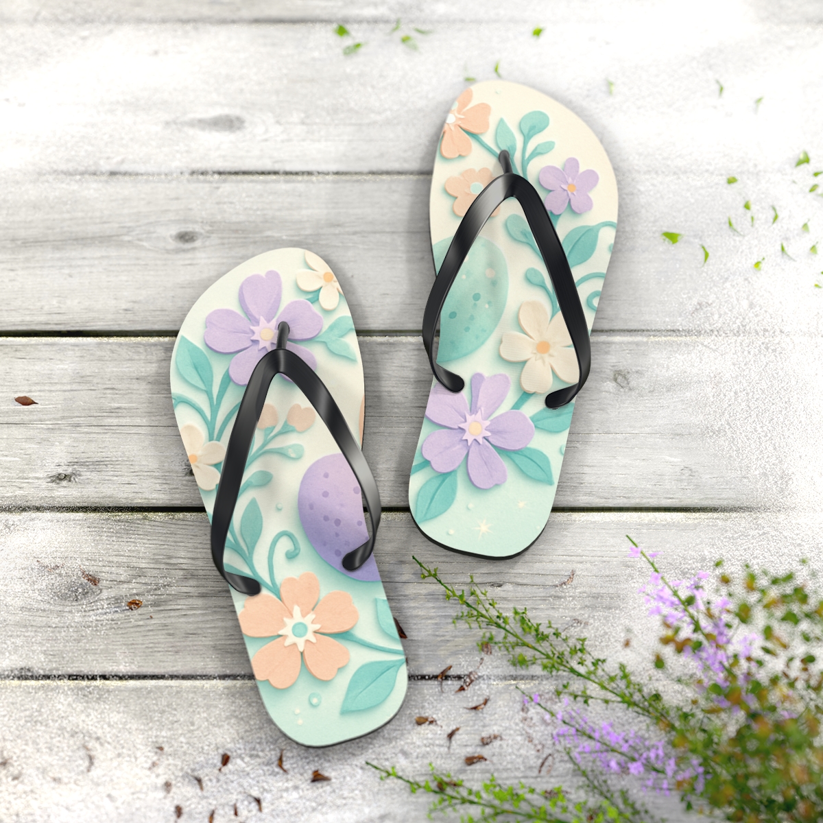 Spring Eggshell Nebula Garden unique graphic flip flops