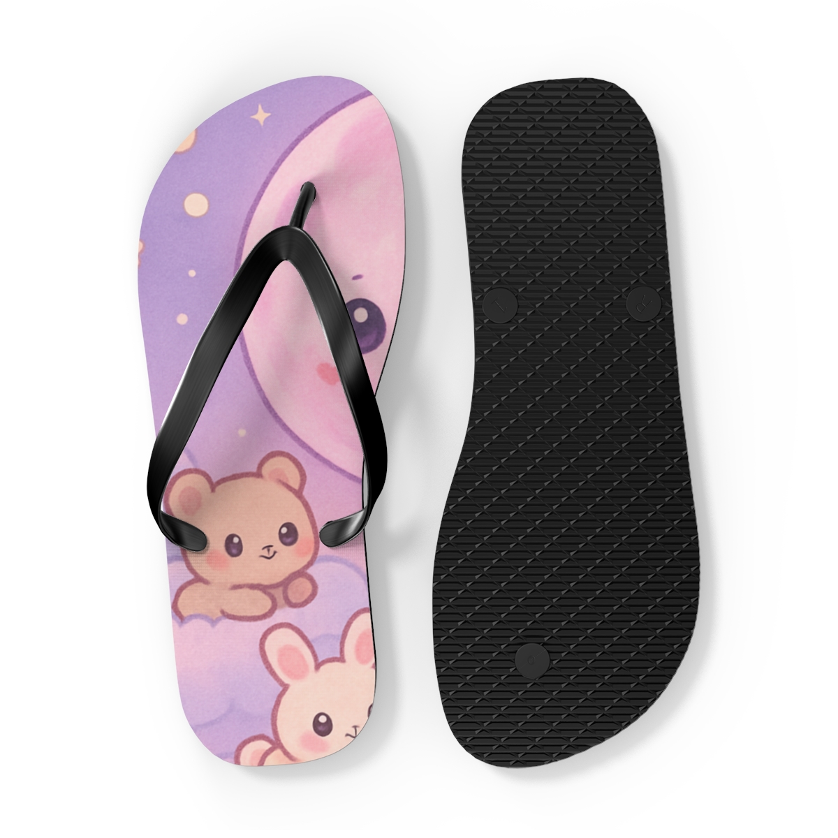 Cotton Candy Moon Critters unique graphic flip flops