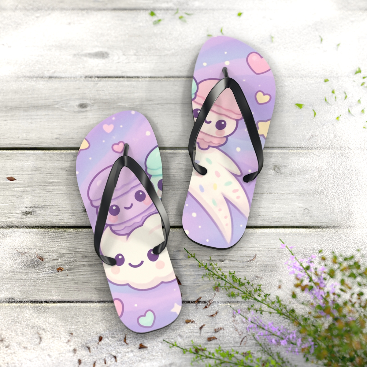 Cosmic Macaron Comet Parade designer logo flip flops