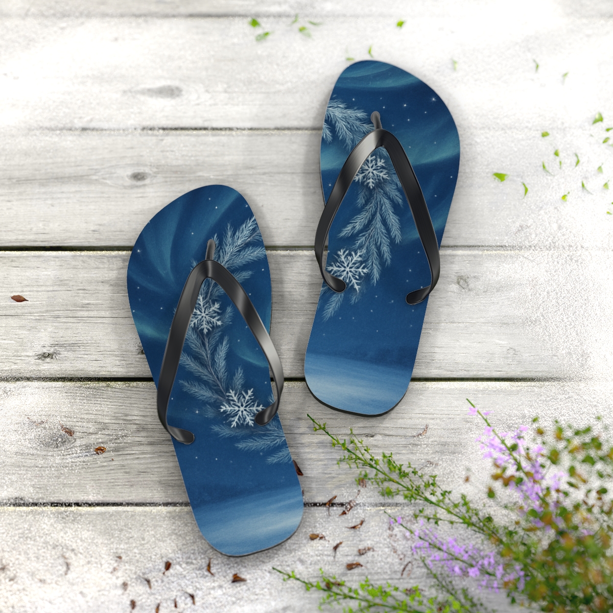 Winter Solstice Aurora Wreath unique graphic flip flops