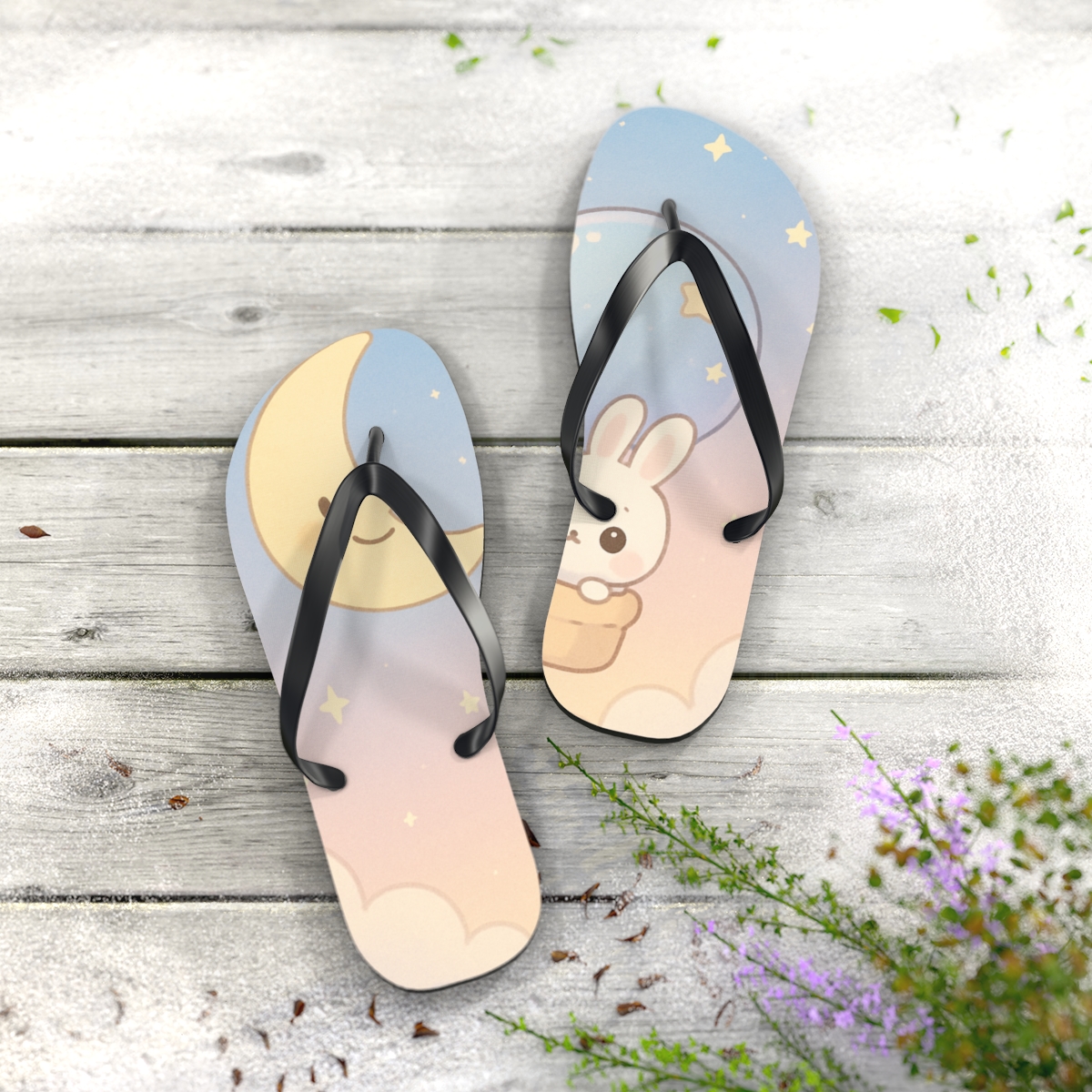 Sleepy Moon Bunny Balloon Ride custom flip flops