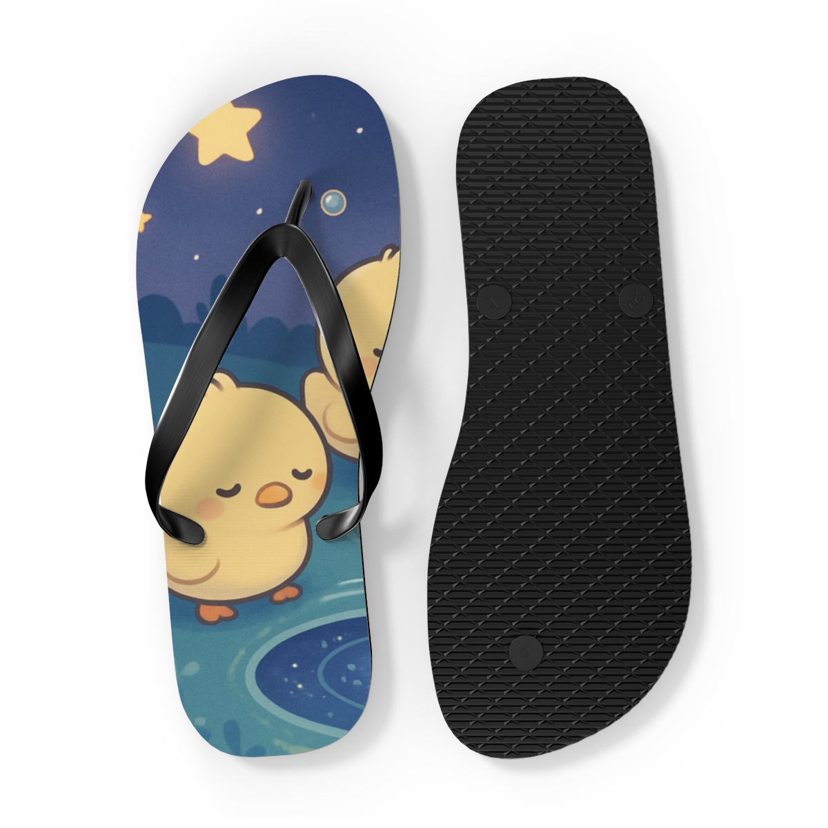 Starlit Puddle Ducklings unique graphic flip flops