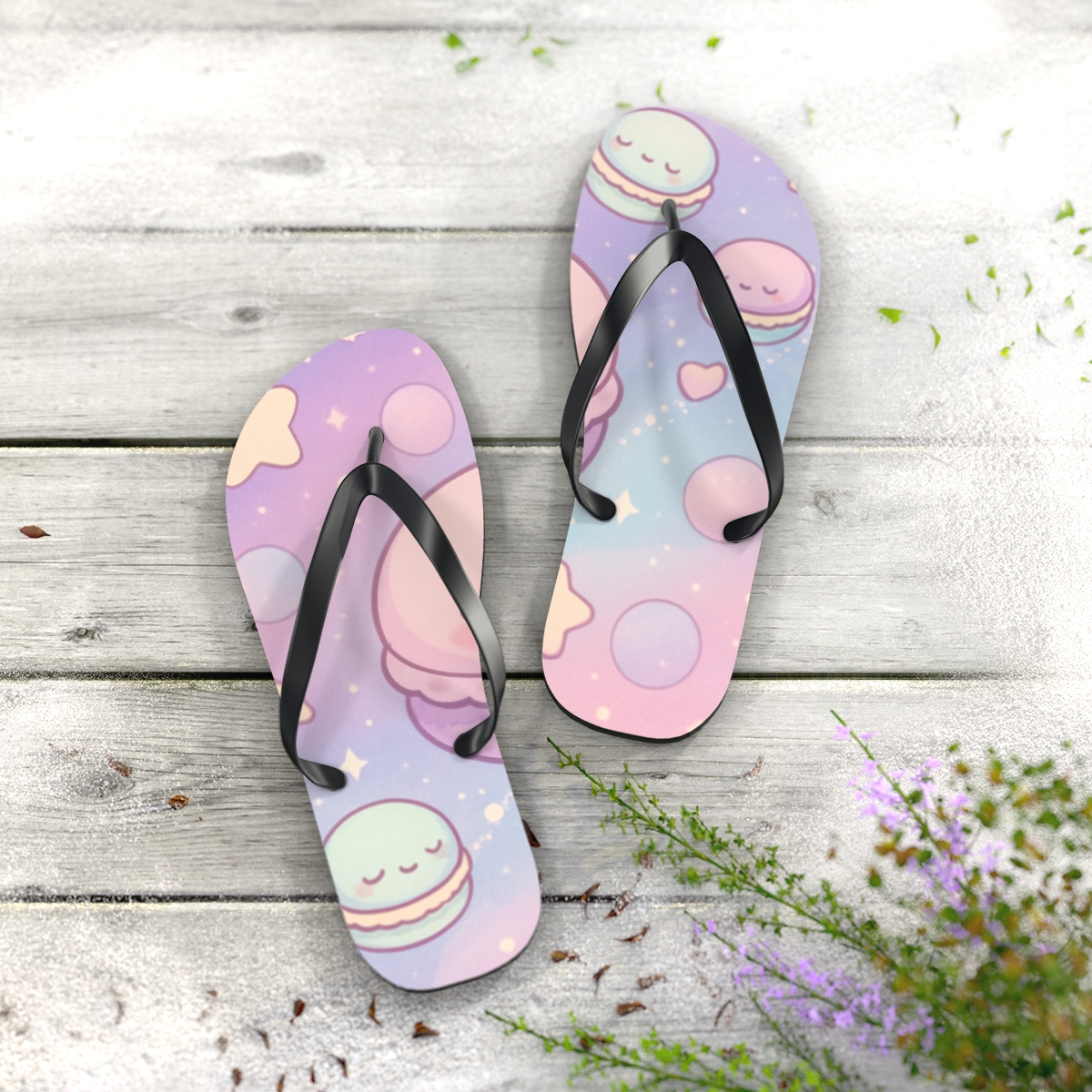 Cosmic Macaron Meteors custom flip flops