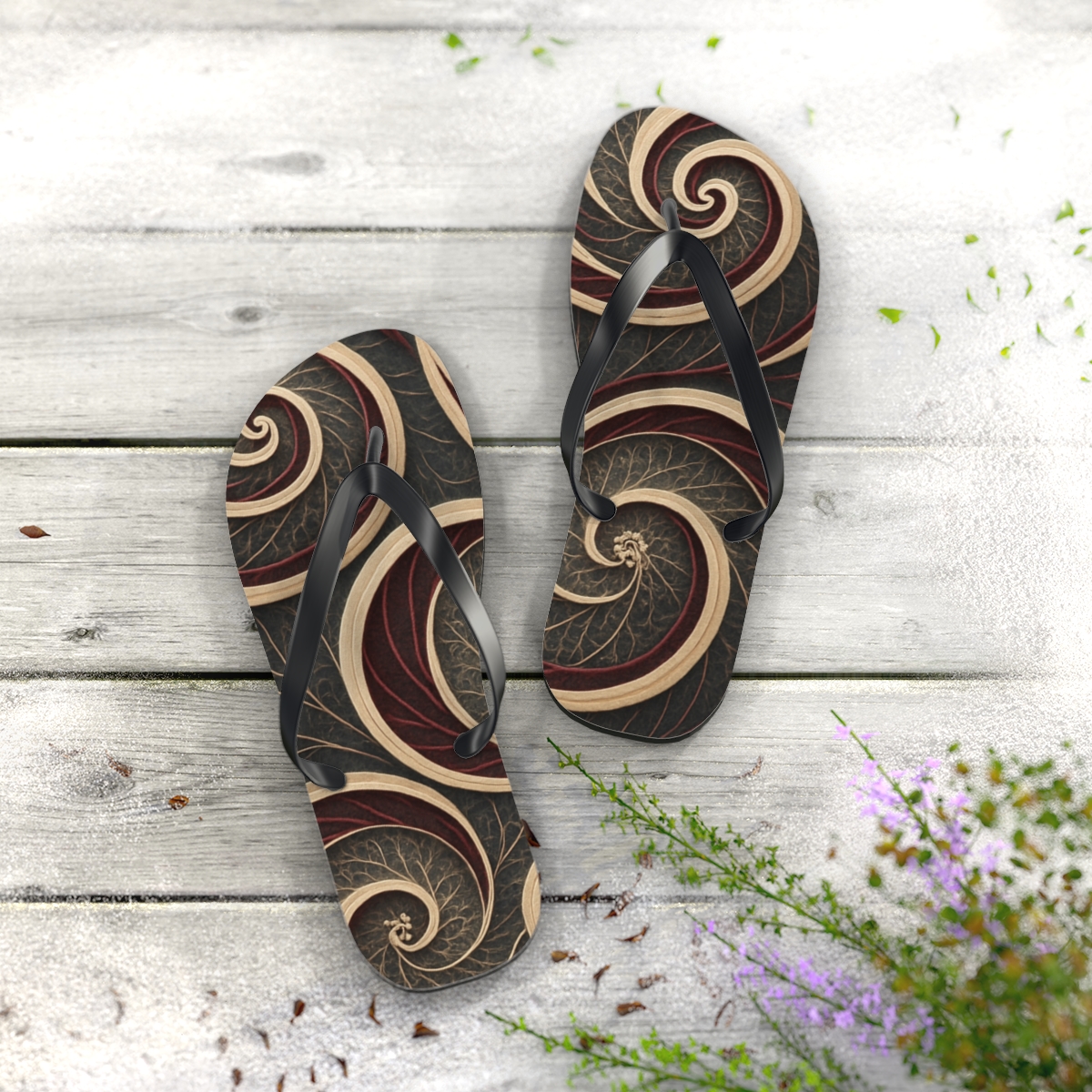 Orchid Vein Spiral Field unique graphic flip flops